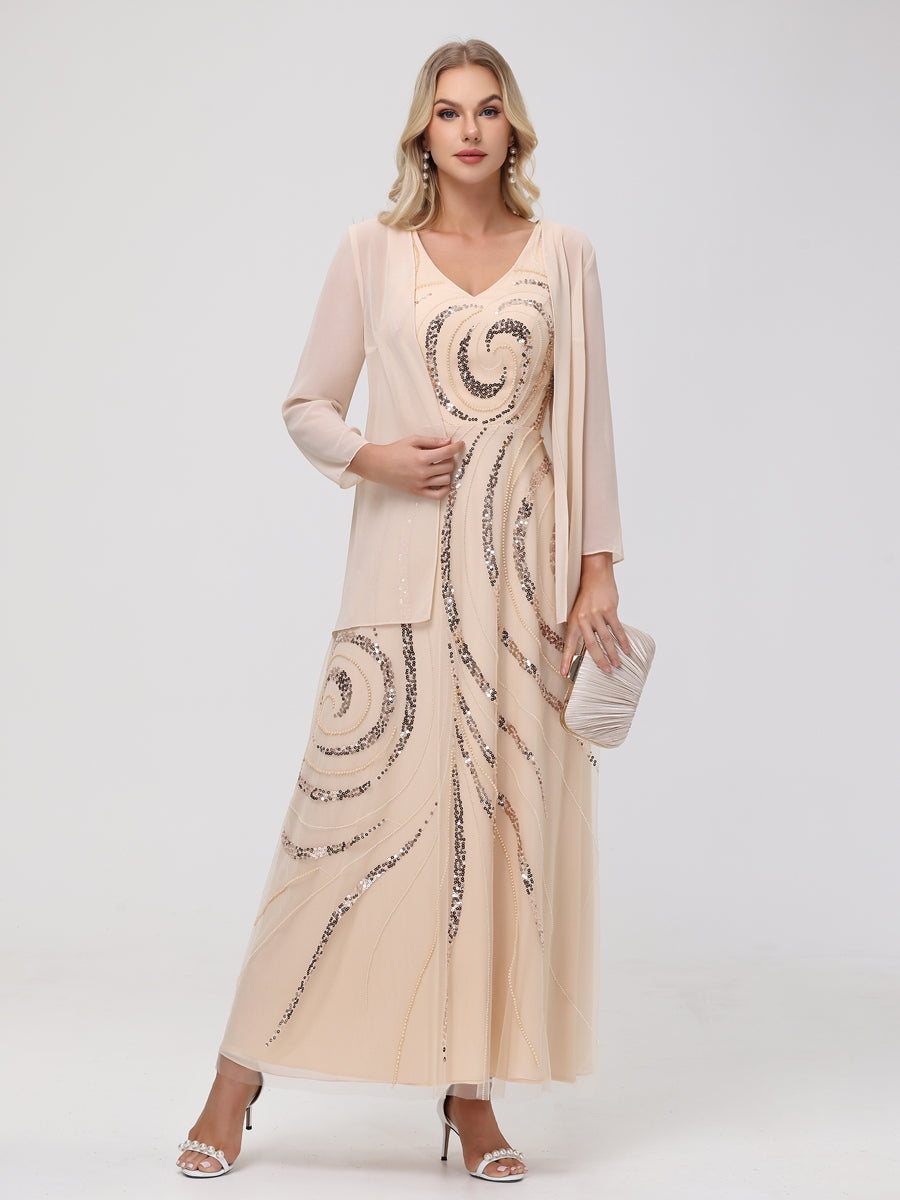 A-Line/Princess V-Neck Ankle-Length Sequined Wedding Guest Dresses with Jacket