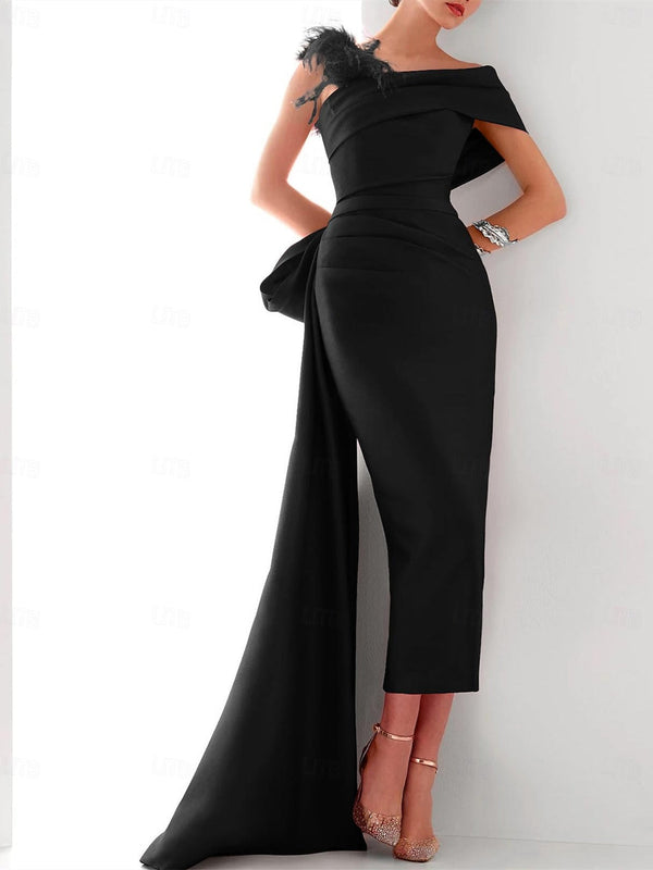 Sheath/Column One Shoulder Sleeveless Sweep/Brush Train Evening Gown Elegant Dress Formal Satin with Feather Bow(s)
