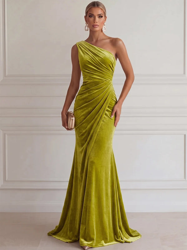 Sheath/Column Evening Dresses Elegant One-Shoulder Sleeveless Floor-Length Luxury Velvet Dresses with Pleats/Back Zipper