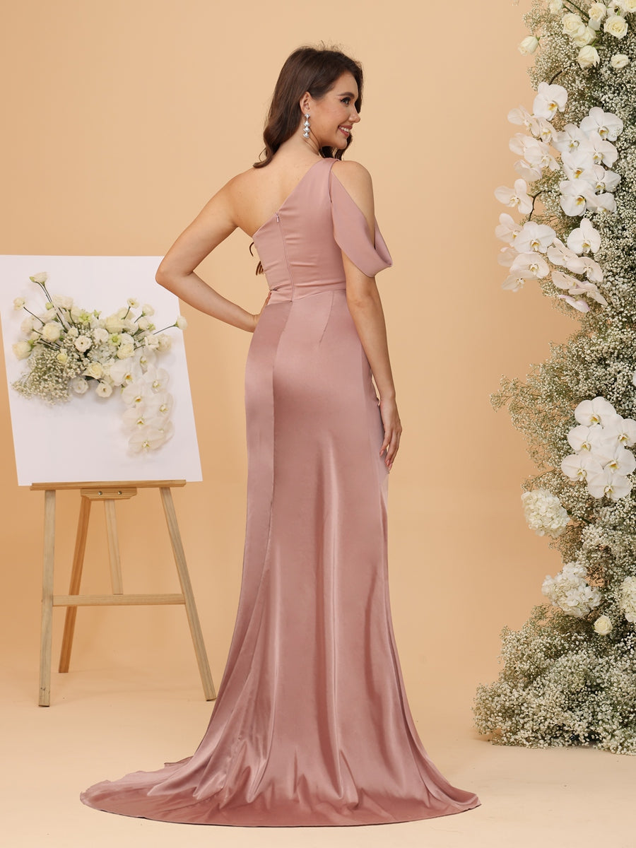Trumpet/Mermaid One-Shoulder Sleeveless Sweep Bridesmaid Dresses with Split Side
