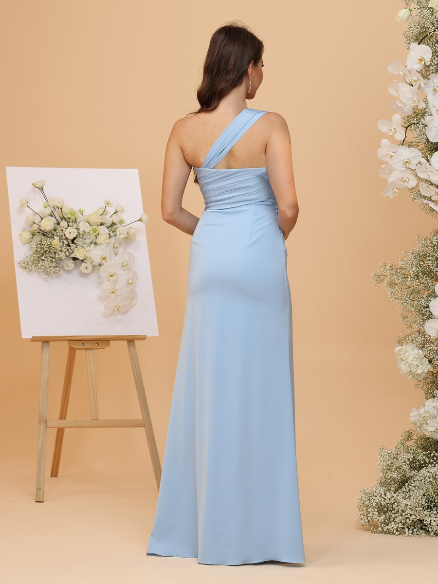 Sheath/Column One-Shoulder Sleeveless Long Bridesmaid Dresses with High Split