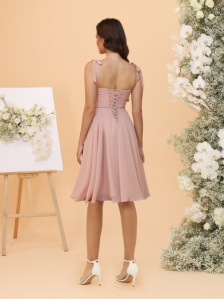 A-Line/Princess Square Chiffon Knee-Length Bridesmaid Dresses with Ruffles & Slit Side