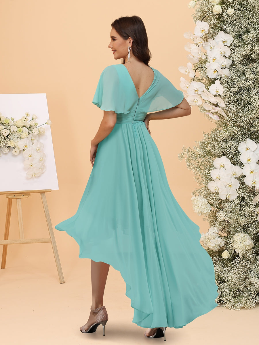 A-Line/Princess V Neck Cap Sleeves Asymmetrical Bridesmaid Dresses with Ruffles & Belt