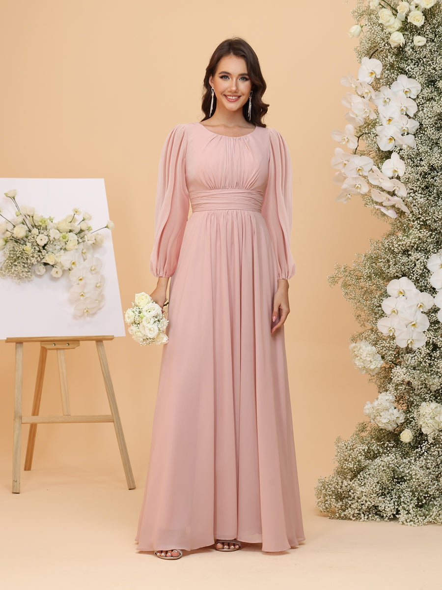 A-Line/Princess Scoop Long Sleeves Ruched Chiffon Bridesmaid Dresses with Ruffles
