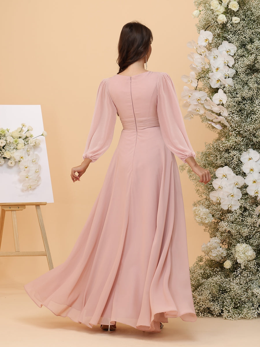 A-Line/Princess Scoop Long Sleeves Ruched Chiffon Bridesmaid Dresses with Ruffles