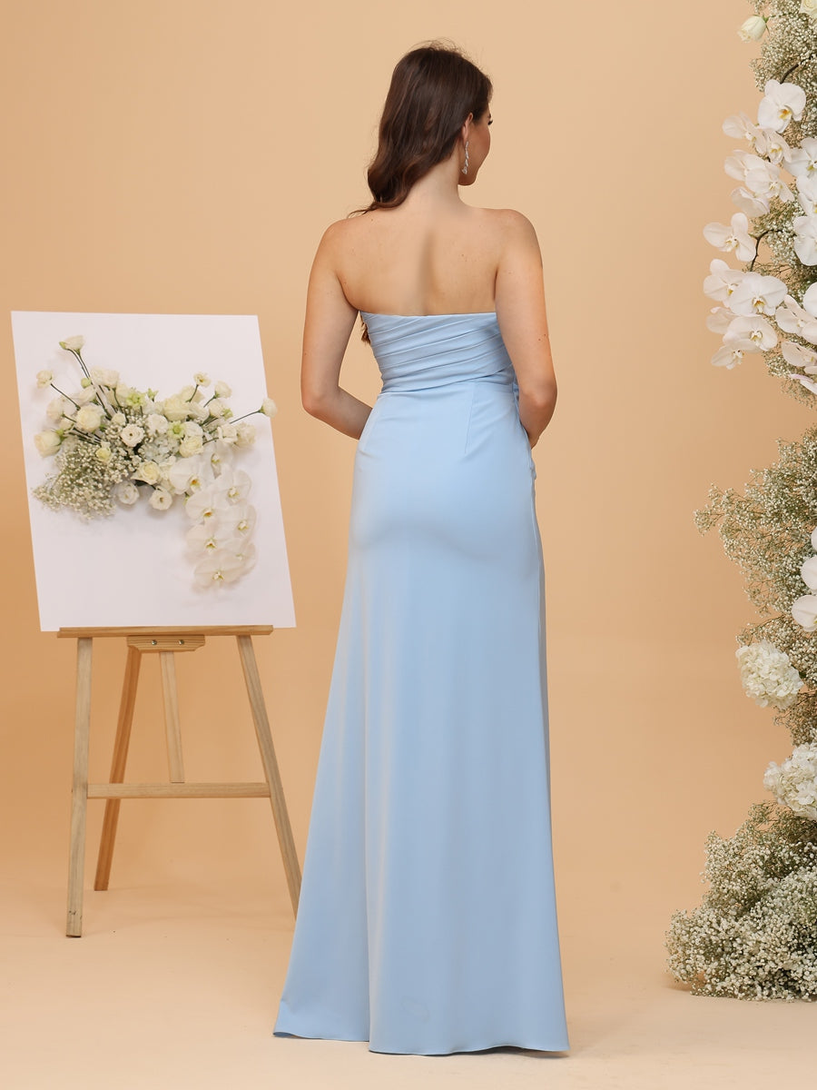 Sheath/Column Strapless Sleeveless Long Ruched Bridesmaid Dresses with Slit Side