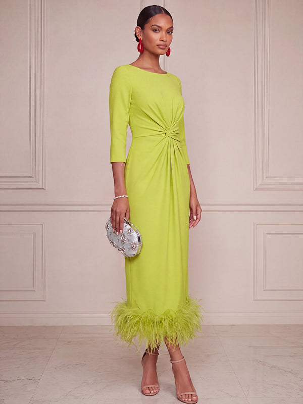 Sheath/Column Cocktail Dresses Scoop Neck 3/4 Sleeves Tea-Length Satin Dresses Formal Dresses With Feathers/Twist