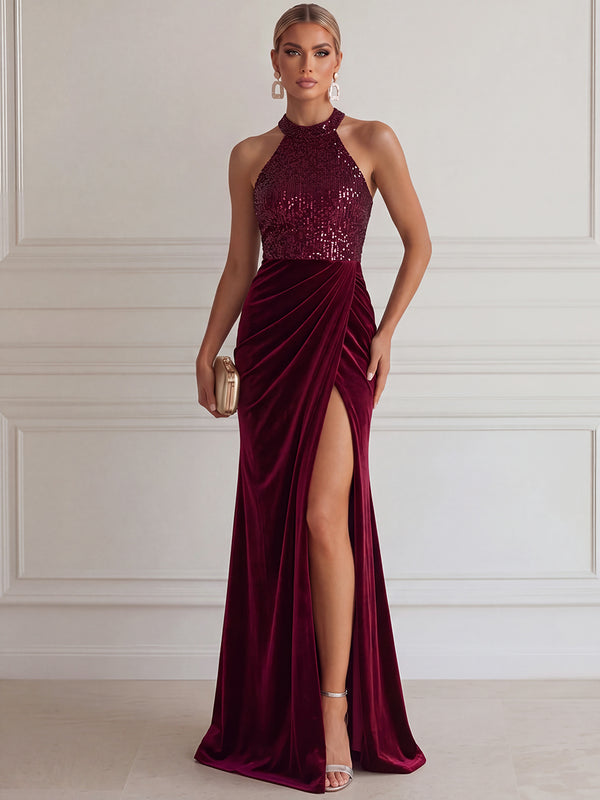 Sheath/Column Evening Dresses Halter Sleeveless Floor-Length Velvet/Sequin Dresses With Split Front/ Back Zipper