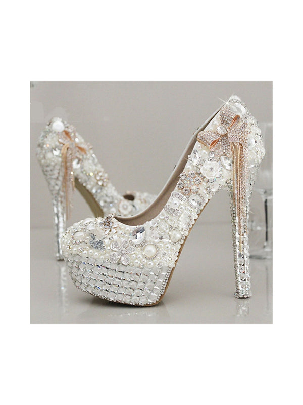 Women's Wedding Shoes Rhinestone Crystal Imitation Pearl Bowknot Tassel Stiletto High Heel Platform Closed Toe Bridal Shoes