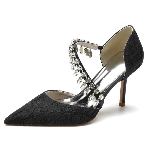 Women's Wedding Shoes Pointed Toe Stiletto Heel Lace Rhinestone Strap Bridal Shoes