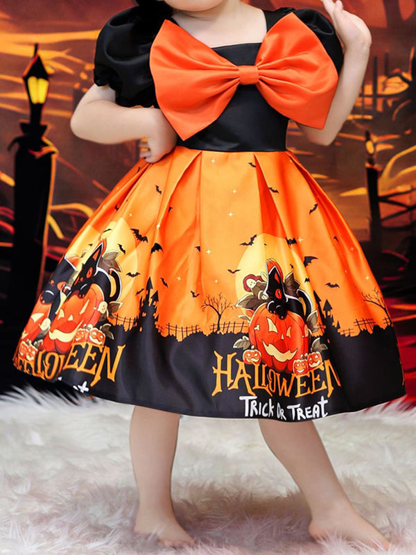 Girl's Halloween Dresses Square Neck Short Sleeves Special Occasion Halloween Party Halloween Costume With Pumpkin/Bat/Bow