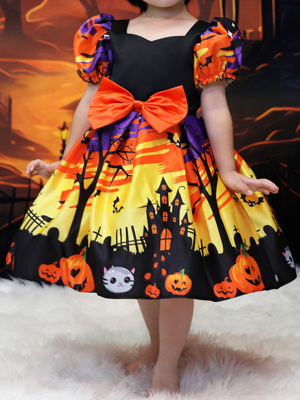 Girls' Halloween Dresses Short Sleeves Special Occasion Halloween Party Halloween Costume With Pumpkin/Bat/Haunted House Print