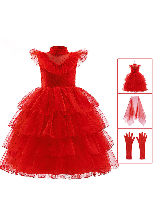 Girl's Halloween Dresses Lace&Ruffles Polka Dot Sleeveless Special Occasion Halloween Party Halloween Costume with Gloves