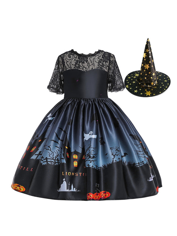 Girl's Halloween Dresses Lace Short Sleeves Halloween Party Dresses/Halloween Costume with Hat