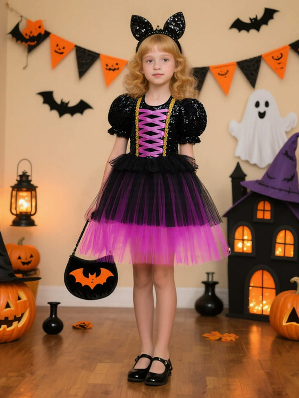 Girls Halloween Dresses Sequin&Tulle Short Sleeves Special Occasion Halloween Party Halloween Costume