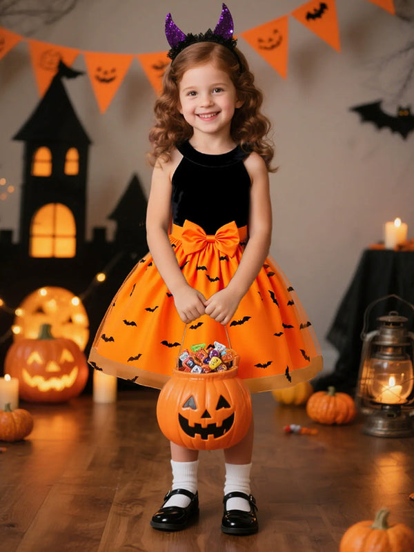 Girls Halloween Dresses Sleeveless Special Occasion Halloween Party Halloween Costume with Bat Print/Bow