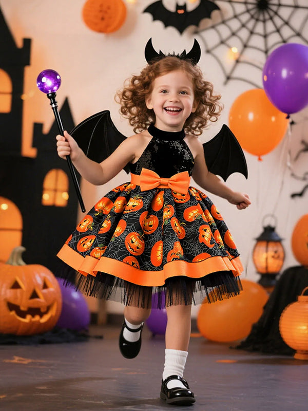 Girls Halloween Dresses Sleeveless Special Occasion Halloween Party Halloween Costume with Pumpkin Print