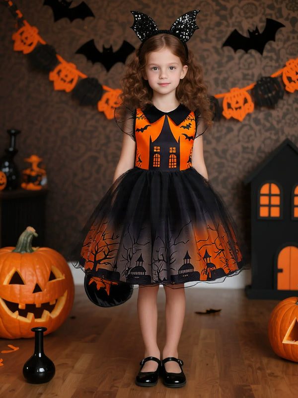 Girls Halloween Dress Tulle Sleeveless Special Occasion Halloween Party Costume With Haunted House&Bat Print
