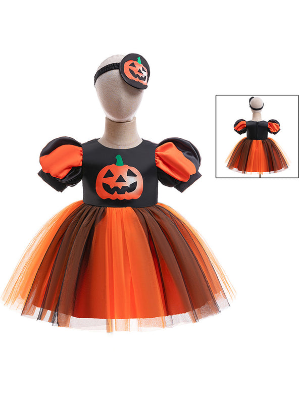 Girls Halloween Dresses Short Sleeves Special Occasion Halloween Party Halloween Costume with Pumpkin Print/Hair Band