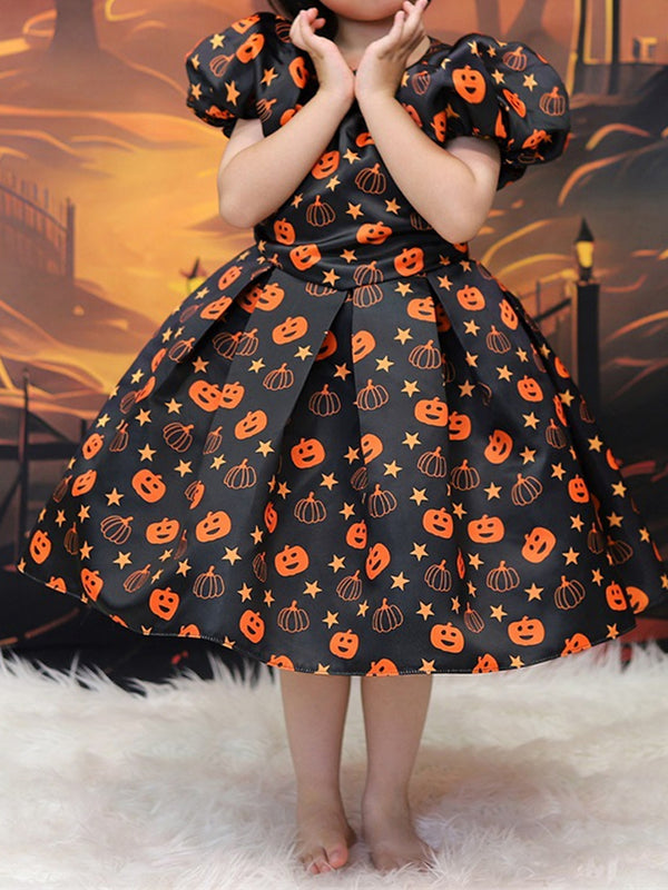 Girls Halloween Dresses Short Sleeves Special Occasion Halloween Party Halloween Costume with Pumpkin Print/Pleats