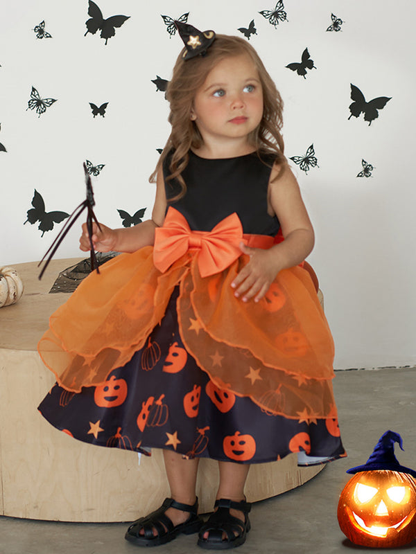 Girls Halloween Dresses Sleeveless Special Occasion Halloween Party Halloween Costume with Pumpkin Print/Bow/Tulle