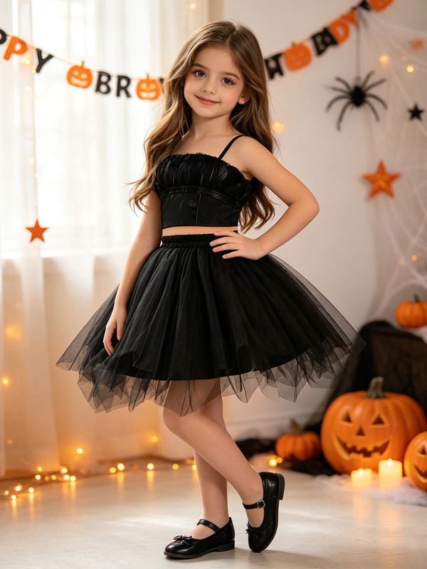 Girls Halloween Dresses 2 Pieces Sleeveless Special Occasion Halloween Party Halloween Costume with Feather/Tulle