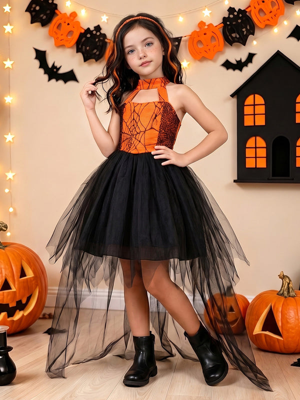 Girls Halloween Dresses Sleeveless Special Occasion Halloween Party Halloween Costume with Spiderweb Print/Tulle
