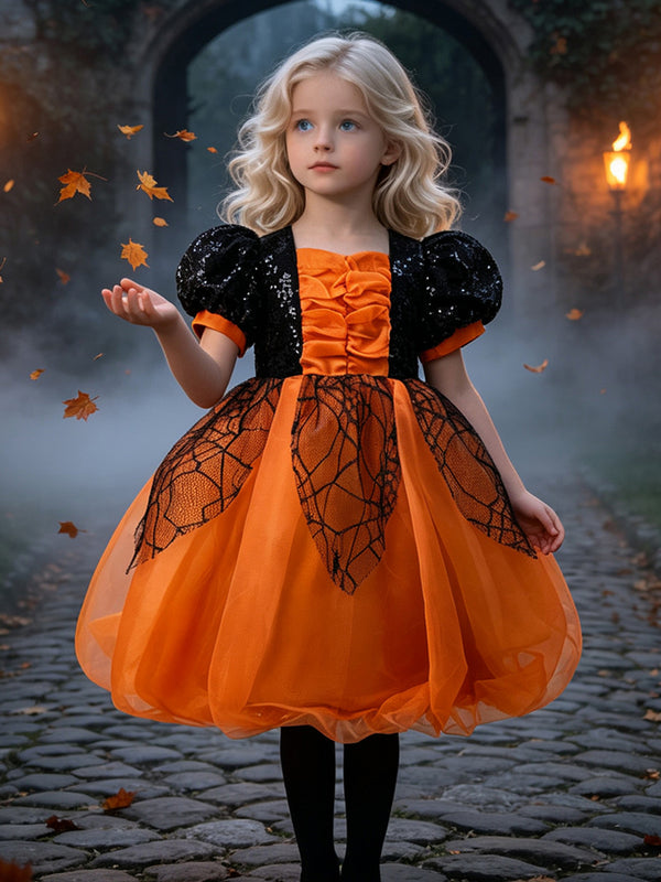 Girls Halloween Dresses Short Sleeves Special Occasion Halloween Party Halloween Costume with Spiderweb Lace/Pleats/Sequin