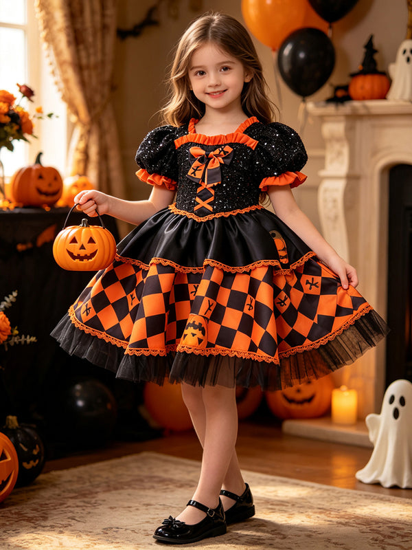 Girls Halloween Dresses Short Sleeves Special Occasion Halloween Party Halloween Costume with Pumpkin&Checker Print/Lace/Pleats/Sequin