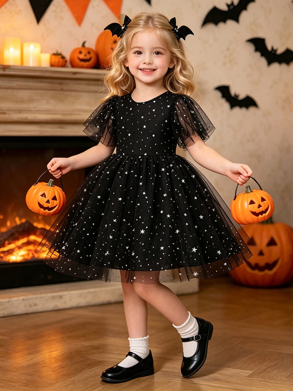 Girls Halloween Dresses Short Sleeves Special Occasion Halloween Party Halloween Costume with Star Print/Tulle/Pleats