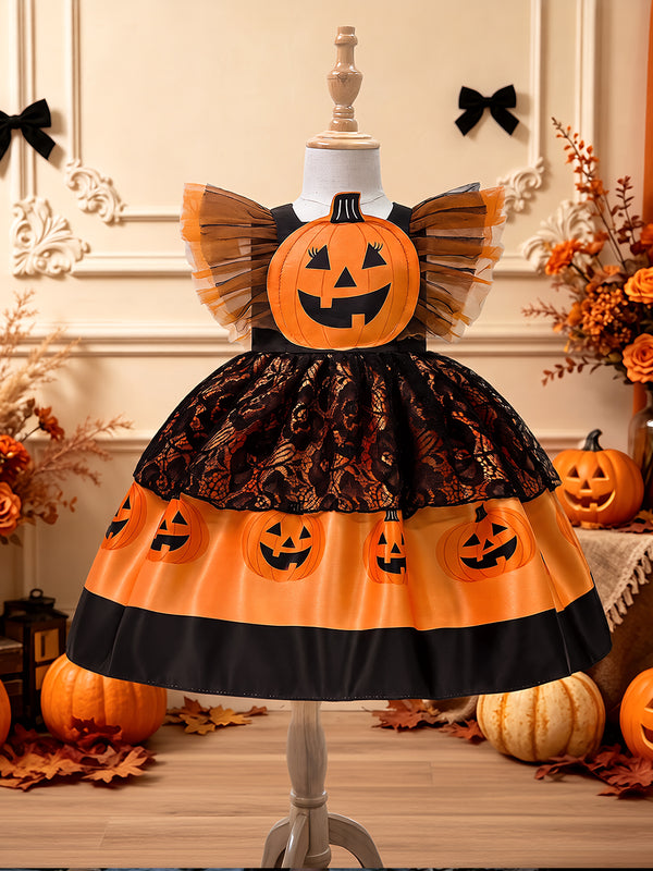 Girls Halloween Dresses Sleeveless Special Occasion Halloween Party Halloween Costume with Pumpkin Print/Lace/Pleats