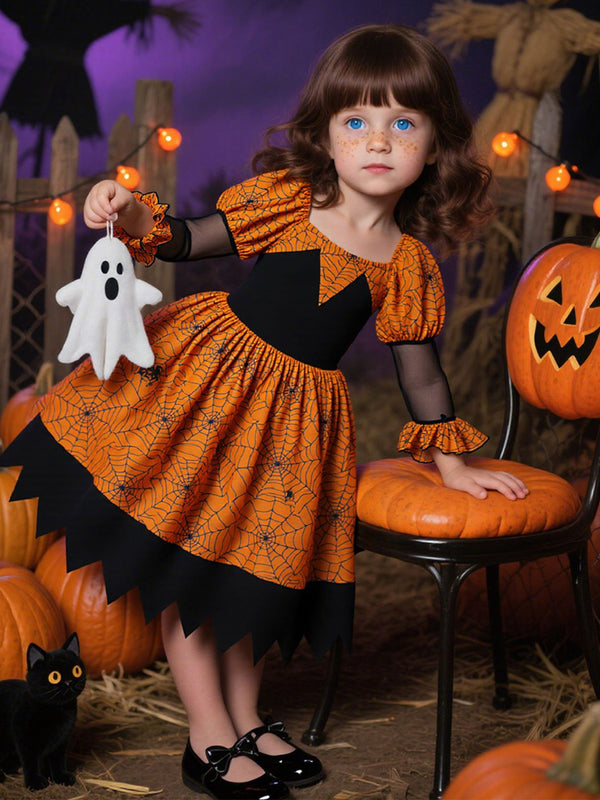 Girls Halloween Dresses Long Sleeves Special Occasion Halloween Party Halloween Costume with Spiderweb Print/Tulle