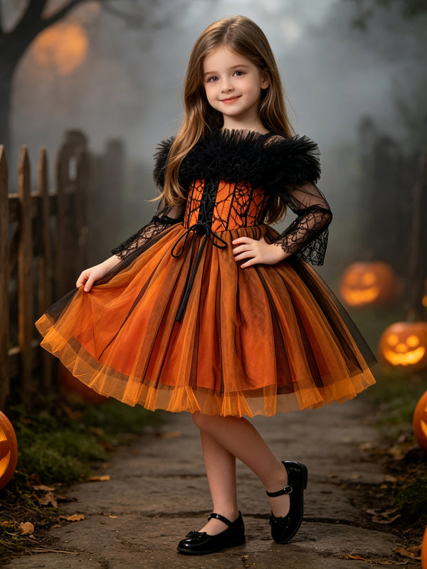 Girls Halloween Dresses Long Sleeves Special Occasion Halloween Party Halloween Costume with Spiderweb Lace/Tulle