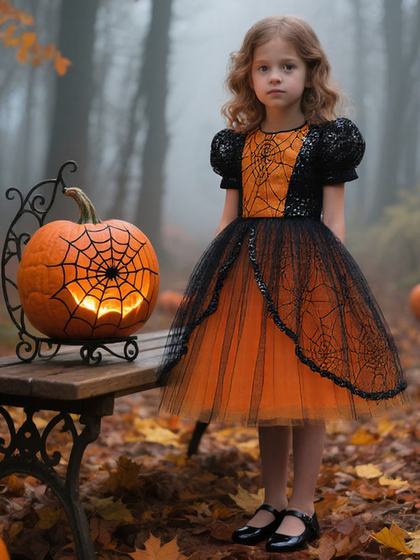 Girls Halloween Dresses Short Sleeves Special Occasion Halloween Party Halloween Costume with Spiderweb Lace/Bow/Sequin