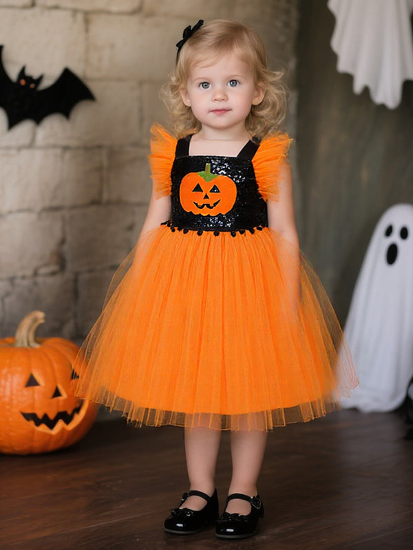 Girls Halloween Dresses Short Sleeves Special Occasion Halloween Party Halloween Costume with Pumpkin Print/Sequin/Tulle