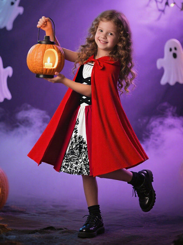 Girls Halloween Dresses 2 Pieces Sleeveless Special Occasion Halloween Party Halloween Costume with Lace/Cape/Pleats