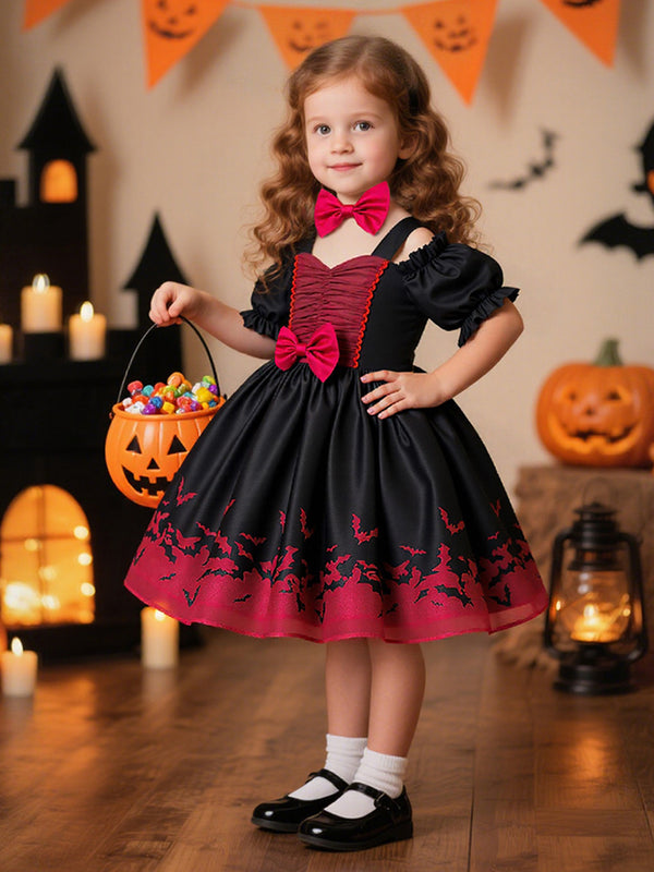 Girls Halloween Dresses Short Sleeves Special Occasion Halloween Party Halloween Costume Sweet with Bat Print/Bow/Bow Tie