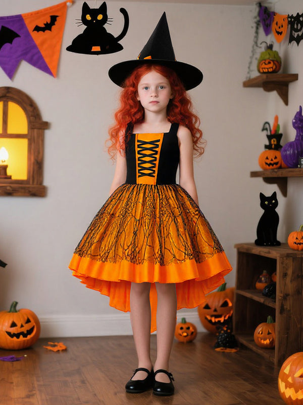 Girls Halloween Dresses Sleeveless Special Occasion Halloween Party Halloween Costume with Spiderweb Lace/Bow