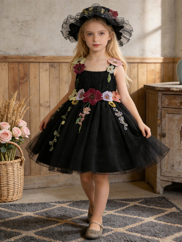 Girls Halloween Dresses Sleeveless Special Occasion Halloween Party Halloween Costume Sweet with 3D Flowers/Bow/Hat