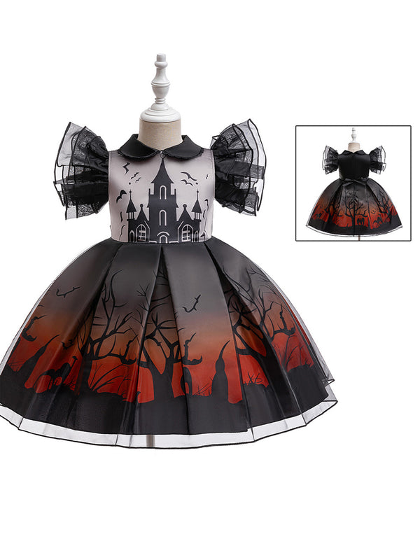 Girls Halloween Dresses Short Sleeves Special Occasion Halloween Party Halloween Costume with Haunted House&Bat Print/Tulle/Pleats