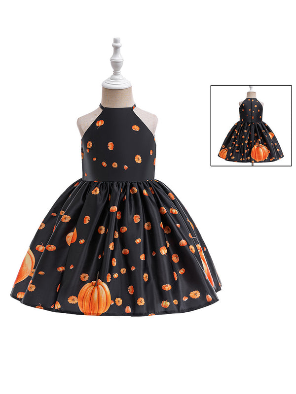 Girls Halloween Dresses Sleeveless Special Occasion Halloween Party Halloween Costume with Pumpkin Print/Pleats