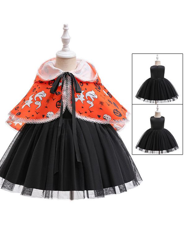 Girls Halloween Dresses Sleeveless Special Occasion Halloween Party Halloween Costume with Pumpkin&Bat Print/Pleats/Cape