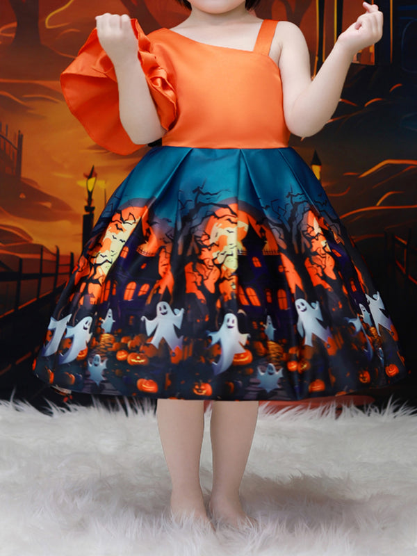 Girls Halloween Dresses Short Sleeves Special Occasion Halloween Party Halloween Costume with Pumpkin&Haunted House Print/Pleats
