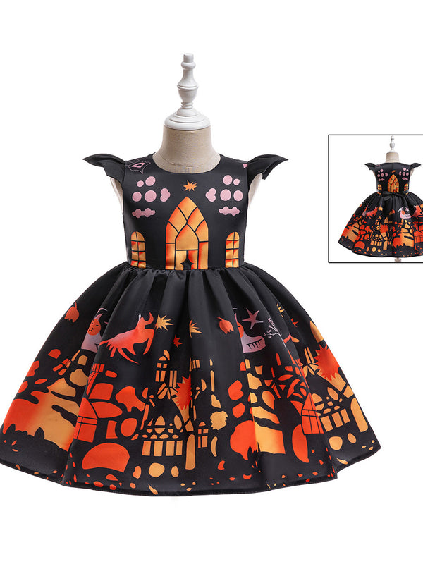 Girls Halloween Dresses Sleeveless Special Occasion Halloween Party Halloween Costume with Haunted House Print/Pleats