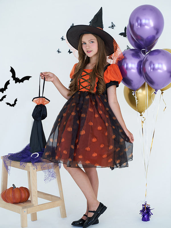 Girls Halloween Dresses Short Sleeves Special Occasion Halloween Party Halloween Costume with Pumpkin Print/Belt