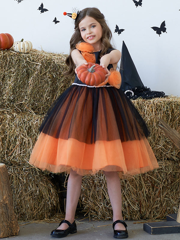 Girls Halloween Dresses Sleeveless Knee-Length Halloween Party Halloween Costume with 3D Flower