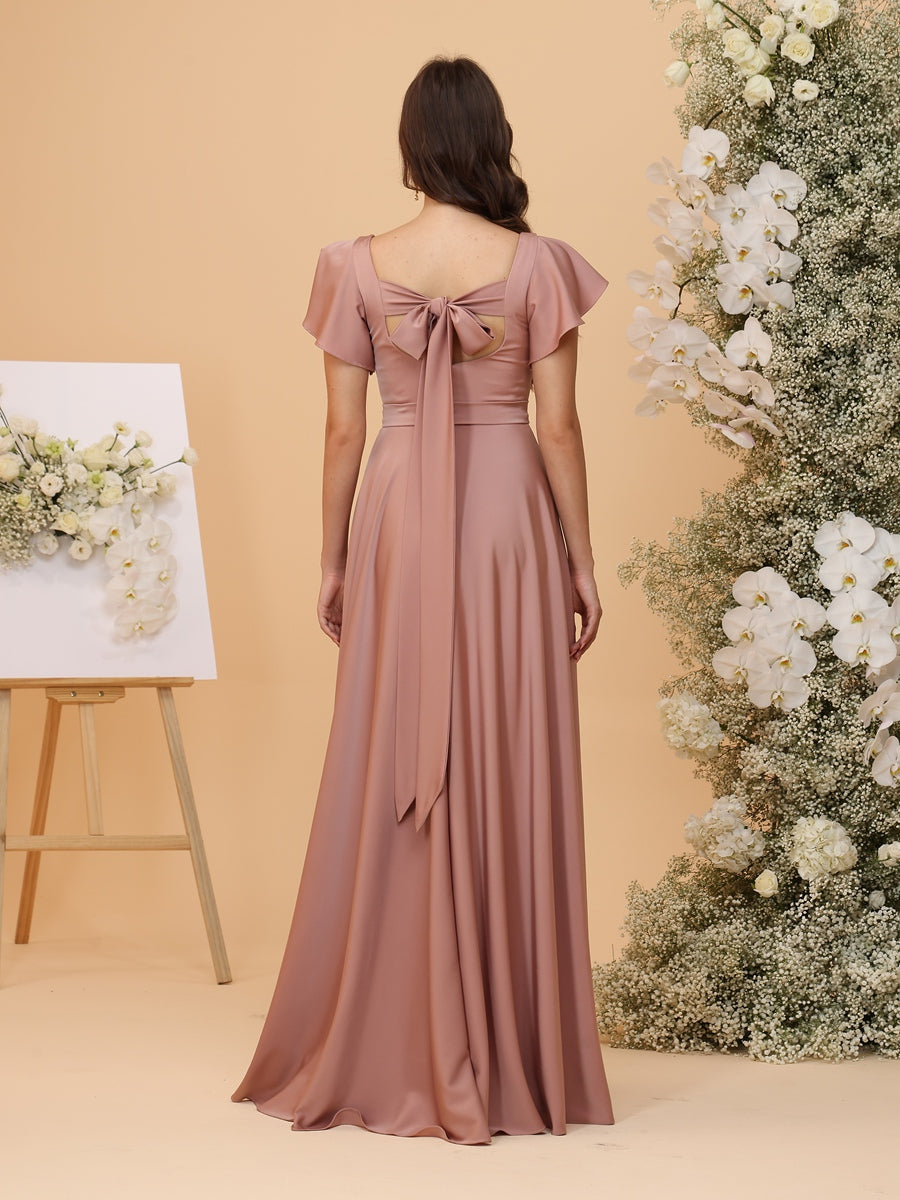A Line V Neck Short Sleeves Ruched Bridesmaid Dresses with Split Side & Pleats