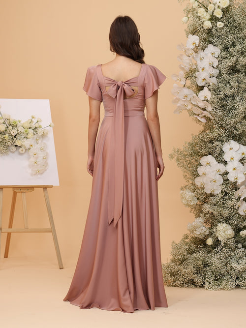 A Line V Neck Short Sleeves Ruched Bridesmaid Dresses with Split Side & Pleats