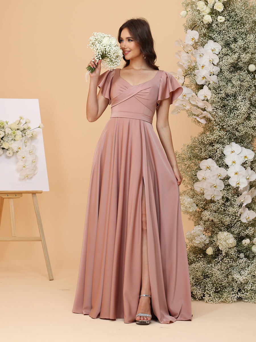 A Line V Neck Short Sleeves Ruched Bridesmaid Dresses with Split Side & Pleats