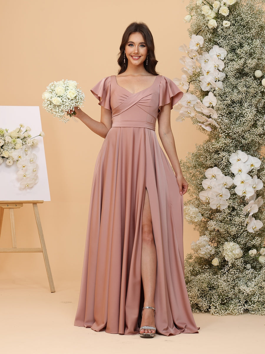 A Line V Neck Short Sleeves Ruched Bridesmaid Dresses with Split Side & Pleats